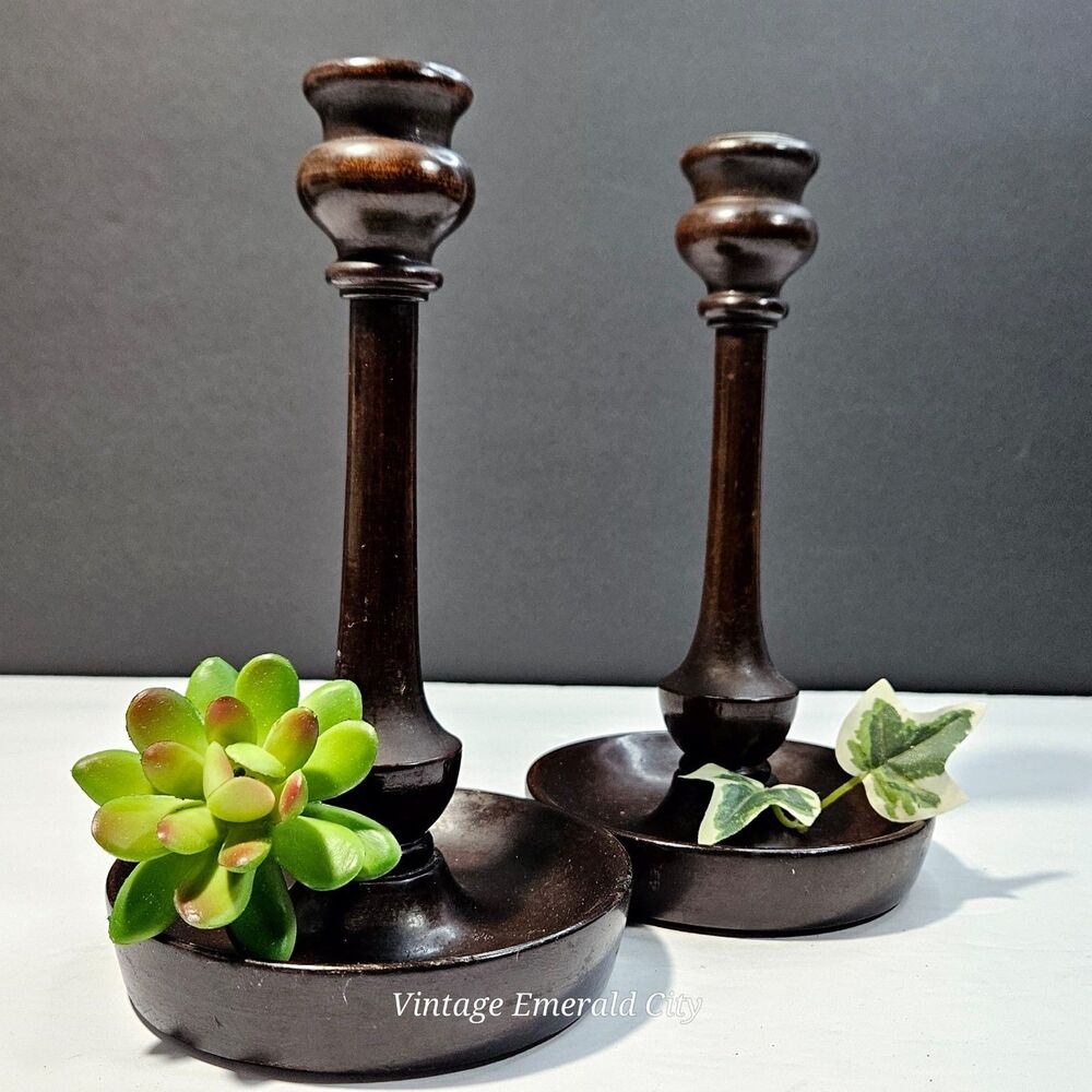 Vtg Candle Holders Turned Wood Set of 2 Brass Inserts Felted Base 9 inch READ